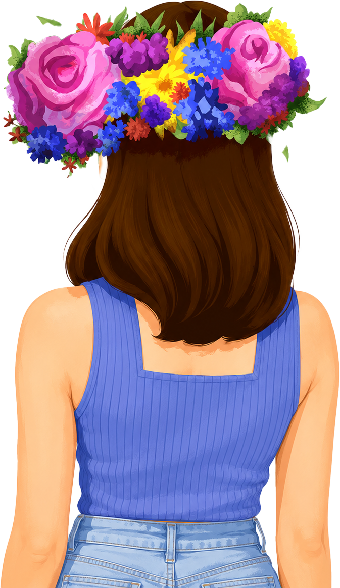 Illustrated portrait of Sanjana wearing a flower crown